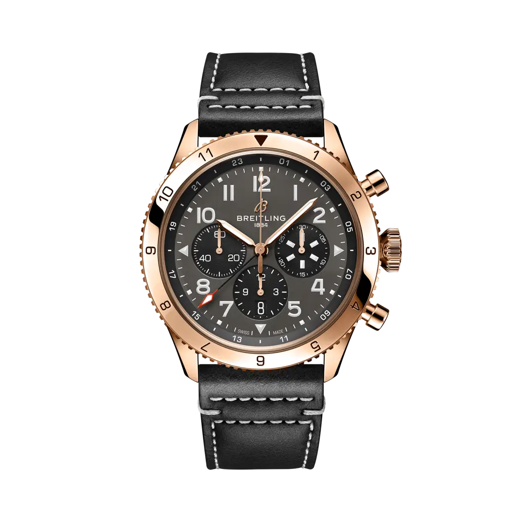 Breitling Super AVI B04 Chronograph GMT 46 P-51 Mustang 46 mm Bright Black Dial 18K Red Gold Calfskin Leather Strap RB04451A1B1X1