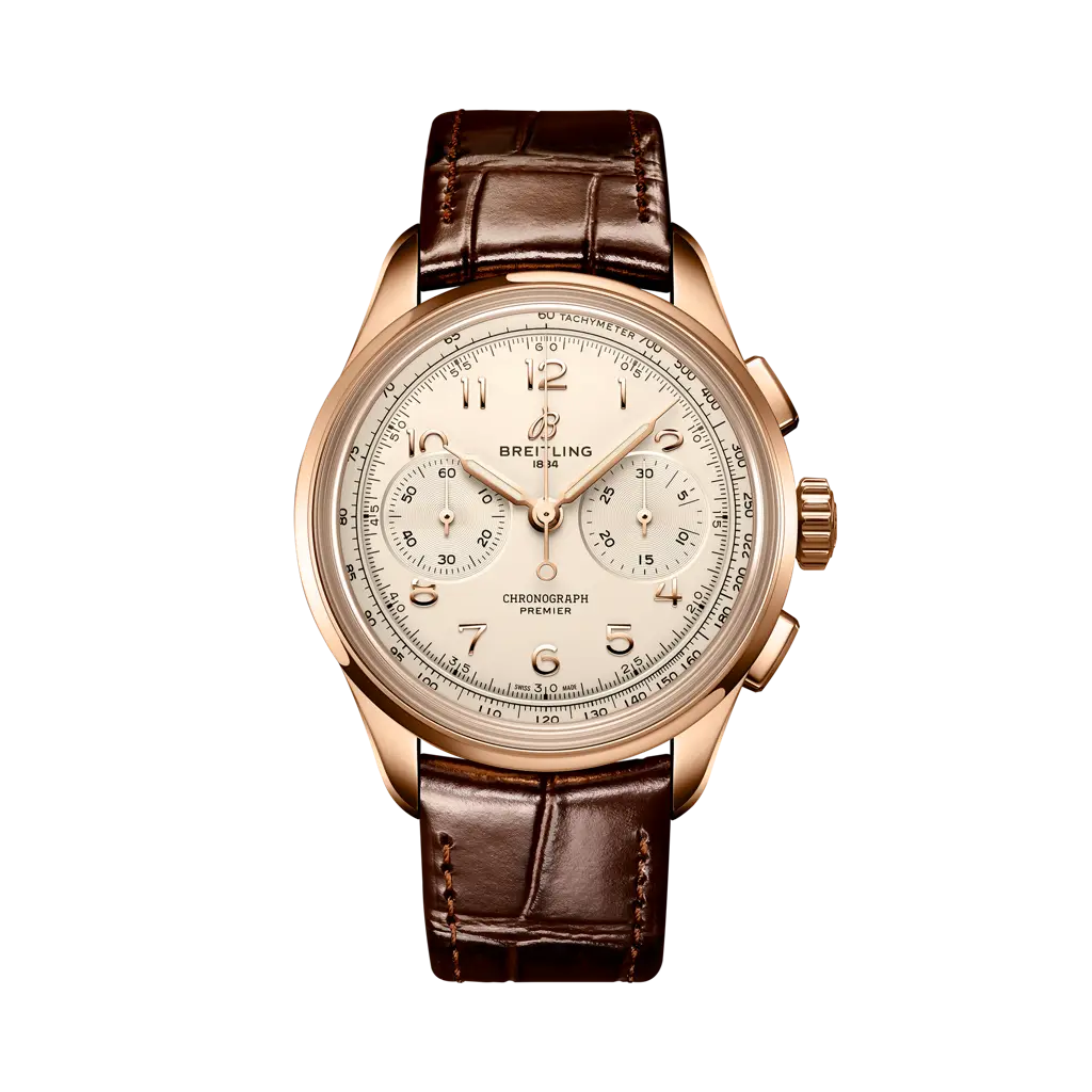 Breitling Premier B09 Chronograph 40 mm Rose White Dial 18K Red Gold Alligator Leather Brown Strap RB0930371G1P1