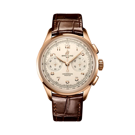 Breitling Premier B09 Chronograph 40 mm Rose White Dial 18K Red Gold Alligator Leather Brown Strap RB0930371G1P1