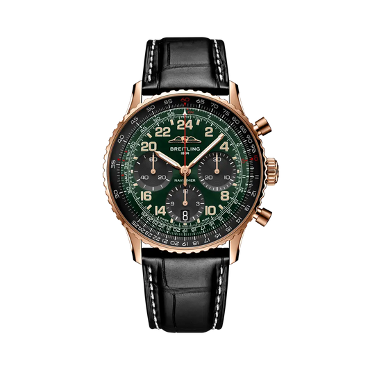 Breitling Navitimer B12 Chronograph 41 Cosmonaute 41.0 mm Black And Green Dial 18K Red Gold Alligator Leather Strap RB12302A1L1P1