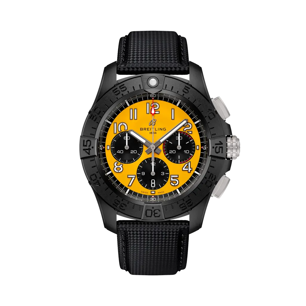 Breitling Avenger B01 Chronograph 44 Night Mission 44 mm Black And Yellow Dial Ceramic Calfskin Leather Anthracite Strap SB0147101I1X2