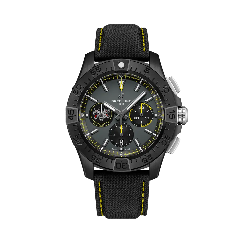 Breitling Avenger B01 Chronograph 44 Night Mission USN Bloodhounds 44 mm Black Dial Ceramic Calfskin Leather Strap SB01472A1B1X1