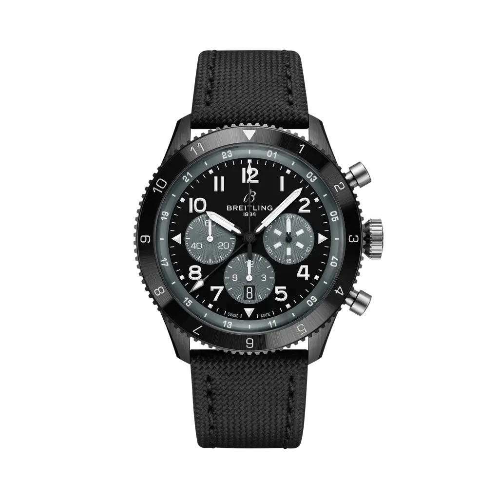 Breitling Super AVI B04 Chronograph GMT 46 Mosquito Night Fighter 46 mm Black Dial Ceramic Calfskin Leather Strap SB04451A1B1X1