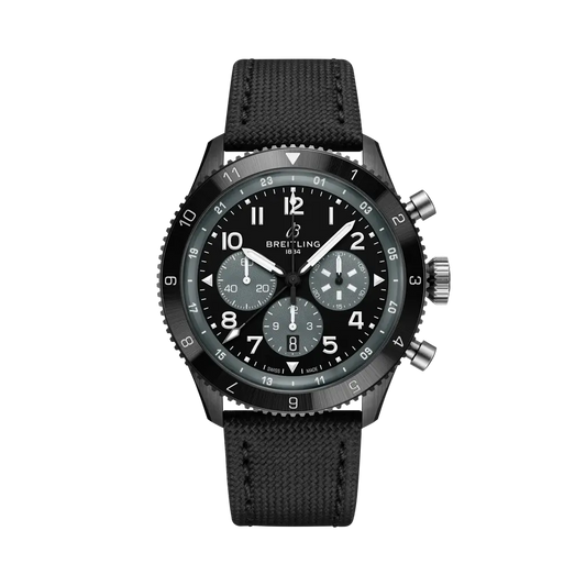 Breitling Super AVI B04 Chronograph GMT 46 Mosquito Night Fighter 46 mm Black Dial Ceramic Calfskin Leather Strap SB04451A1B1X1