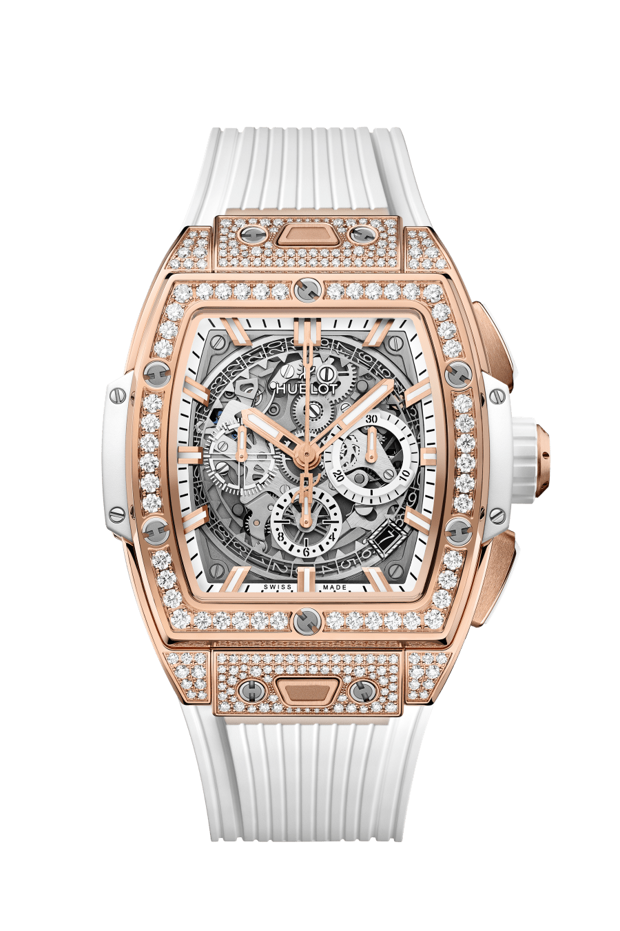 Hublot Spirit of Big Bang King Gold White Pavé 42 mm Transparent Dial with Diamonds Polished 18K King Gold Rubber Strap 642.OE.2010.RW.1604