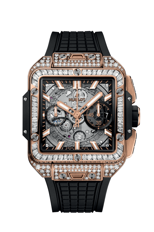 Hublot Square Bang Unico King Gold Jewellery 42 mm Transparent Dial with Diamonds Polished 18K King Gold Rubber Strap 821.OX.0180.RX.0904