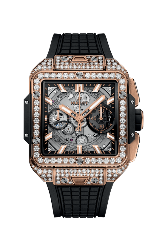 Hublot Square Bang Unico King Gold Pavé 42 mm Transparent Dial with Diamonds Polished 18K King Gold Rubber Strap 821.OX.0180.RX.1604