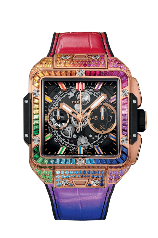 Hublot Square Bang Unico King Gold Rainbow 42 mm Black Dial with Diamonds Polished 18K King Gold Alligator Leather Strap 821.OX.0118.LR.0999