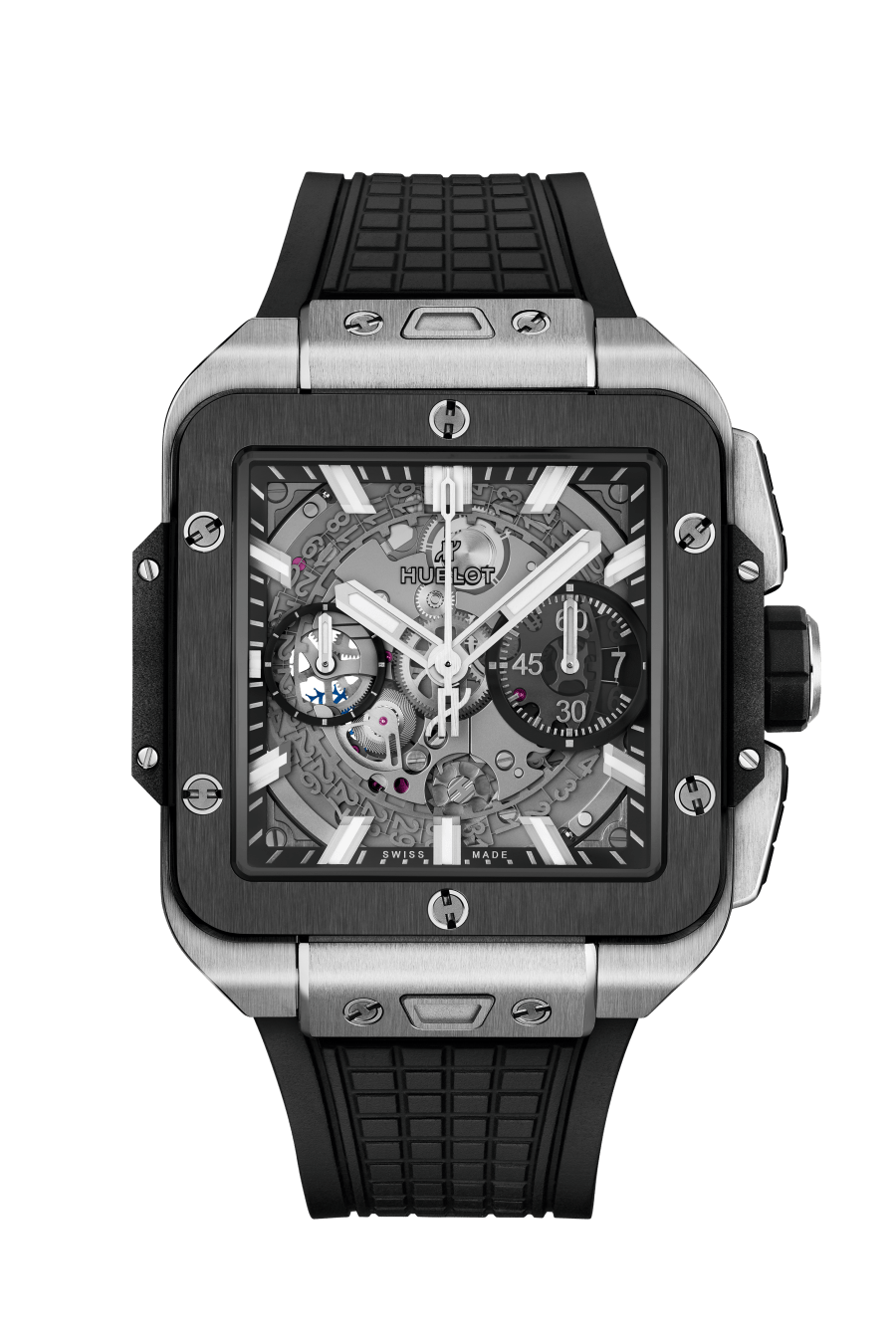 Hublot Square Bang Unico Titanium Ceramic 42 mm Transparent Dial Polished Titanium Rubber Strap 821.NM.0170.RX