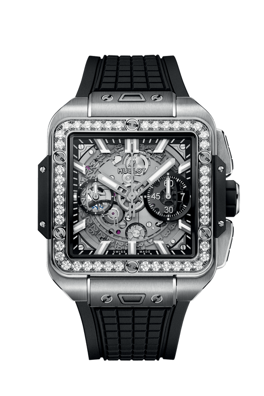 Hublot Square Bang Unico Titanium Diamonds 42 mm Transparent Dial with Diamonds Polished Titanium Rubber Strap 821.NX.0170.RX.1204