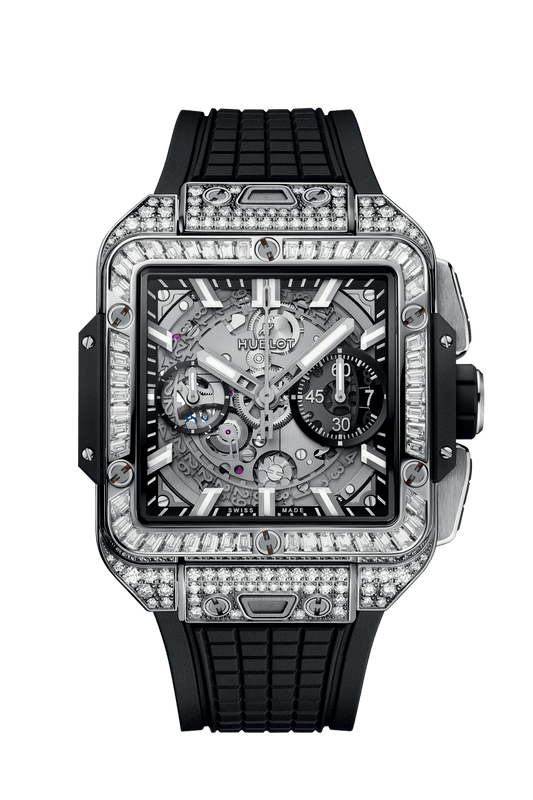 Hublot Square Bang Unico Titanium Jewellery 42 mm Transparent Dial with Diamonds Polished Titanium Rubber Strap 821.NX.0170.RX.0904