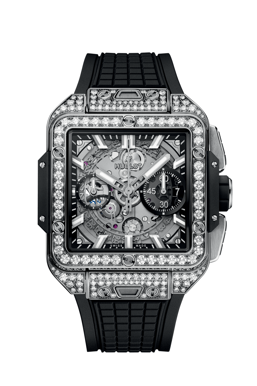 Hublot Square Bang Unico Titanium Pavé 42 mm Transparent Dial with Diamonds Polished Titanium Rubber Strap 821.NX.0170.RX.1604