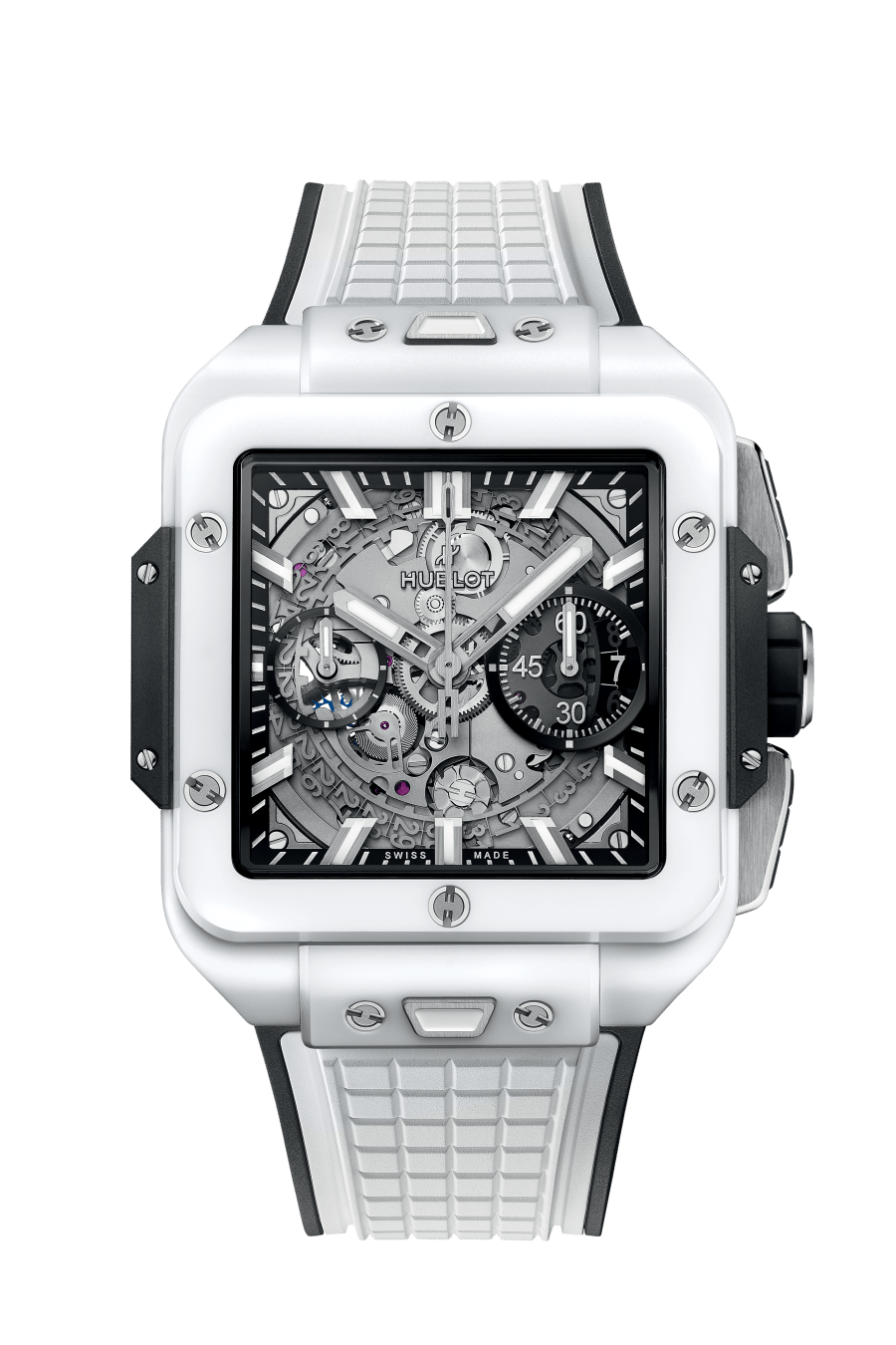 Hublot Square Bang Unico White Ceramic 42 mm Transparent Dial Microblasted and Polished White Ceramic Rubber Strap 821.HX.0170.RX