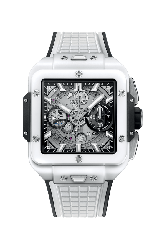 Hublot Square Bang Unico White Ceramic 42 mm Transparent Dial Microblasted and Polished White Ceramic Rubber Strap 821.HX.0170.RX