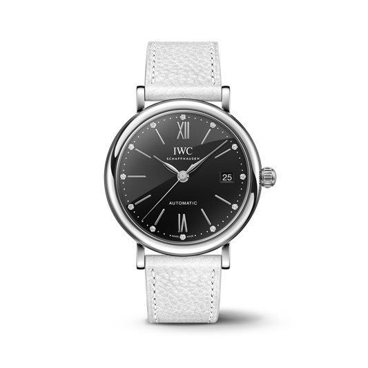 IWC Schaffhausen Portofino Automatic 37 mm Black  Dial Stainless Steel White Calfskin Strap IW458611