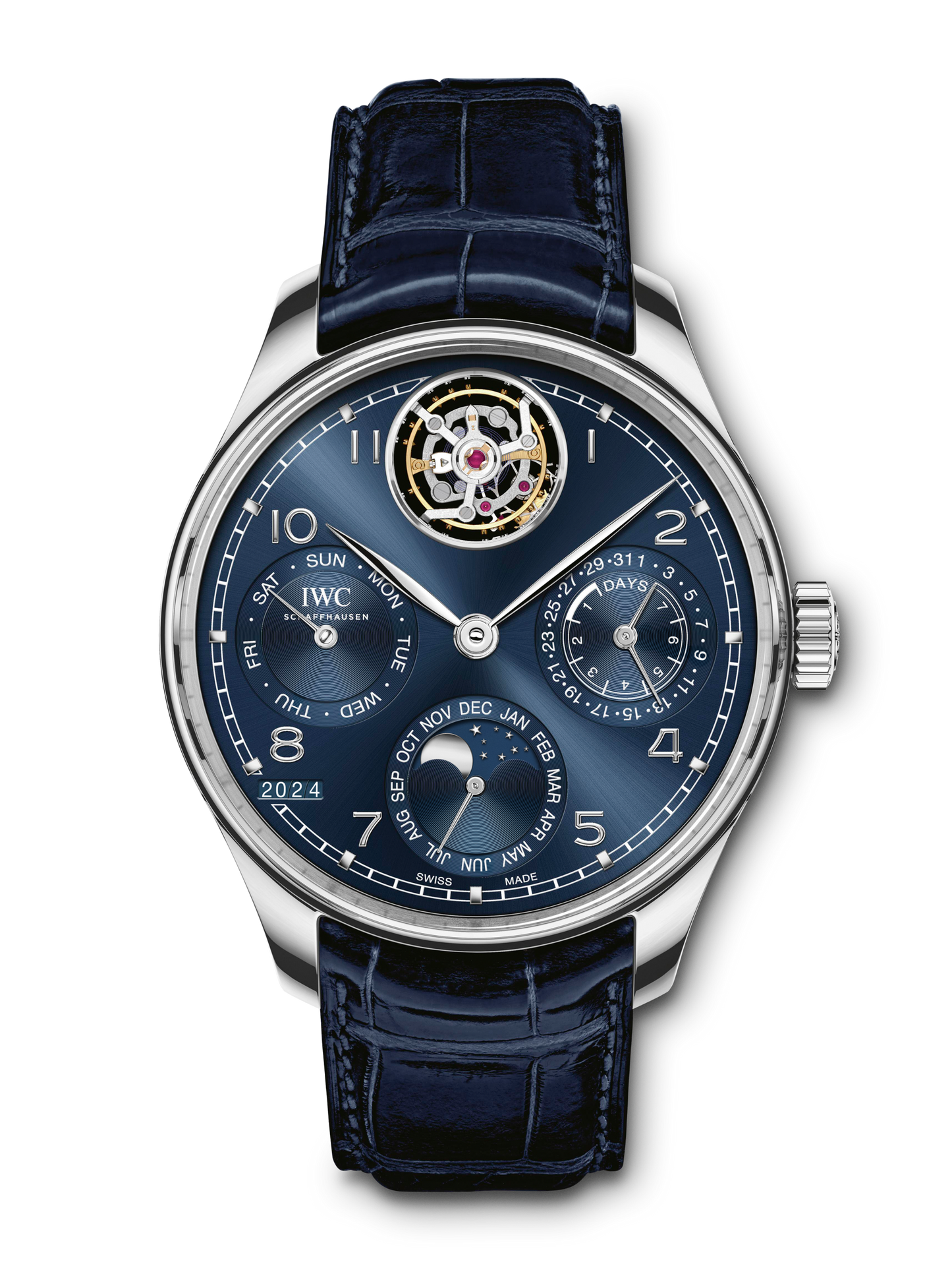 IWC Schaffhausen Portugieser Perpetual Calendar Tourbillon 45 mm Blue Dial Platinum Blue Alligator Leather Strap IW504506