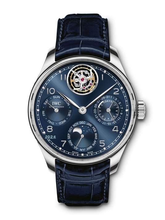 IWC Schaffhausen Portugieser Perpetual Calendar Tourbillon 45 mm Blue Dial Platinum Blue Alligator Leather Strap IW504506