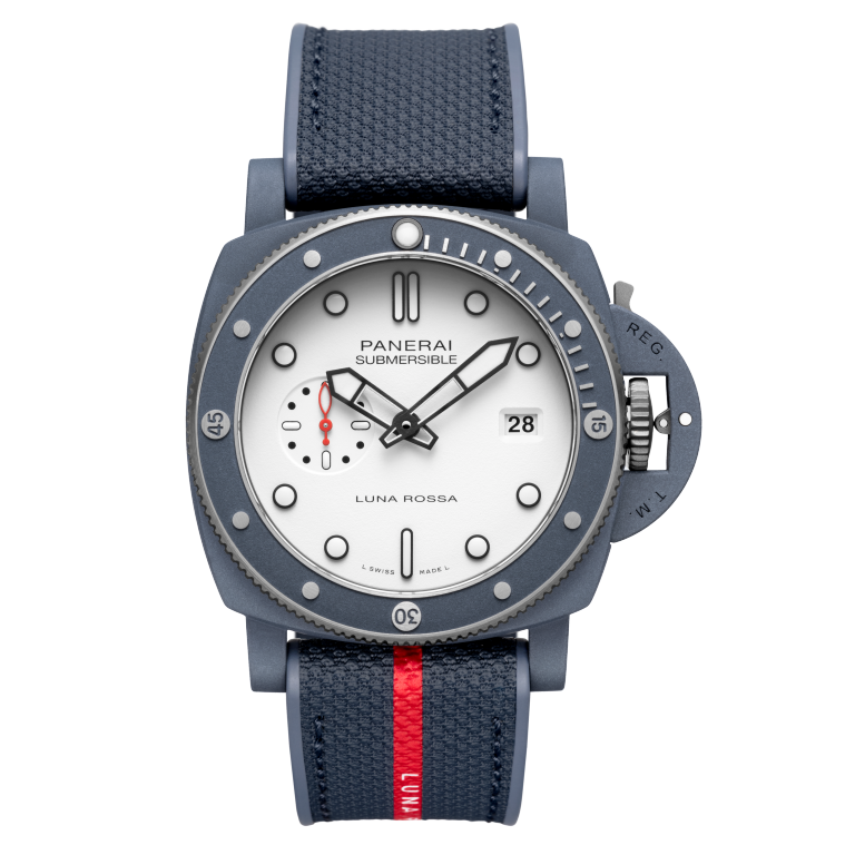 Panerai Submersible QuarantaQuattro Luna Rossa Ti-Ceramitech™ 44 mm White Dial  Ti-Ceramitech Bi-Material Rubber/Textile Luna Rossa Blue Strap PAM01543