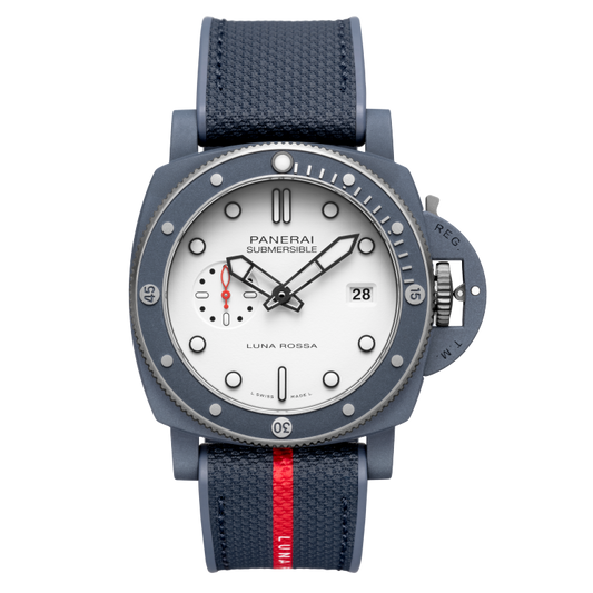 Panerai Submersible QuarantaQuattro Luna Rossa Ti-Ceramitech™ 44 mm White Dial  Ti-Ceramitech Bi-Material Rubber/Textile Luna Rossa Blue Strap PAM01543