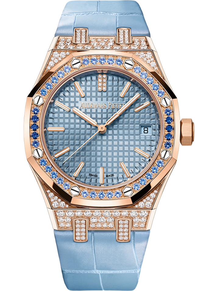 Audemars Piguet Royal Oak Selfwinding 37 mm Light Blue Dial with Diamonds 18-Carat Pink Gold Alligator Strap 15551OR.ZS.D344CR.01