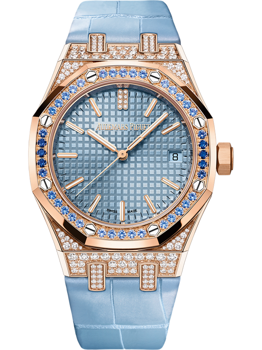 Audemars Piguet Royal Oak Selfwinding 37 mm Light Blue Dial with Diamonds 18-Carat Pink Gold Alligator Strap 15551OR.ZS.D344CR.01