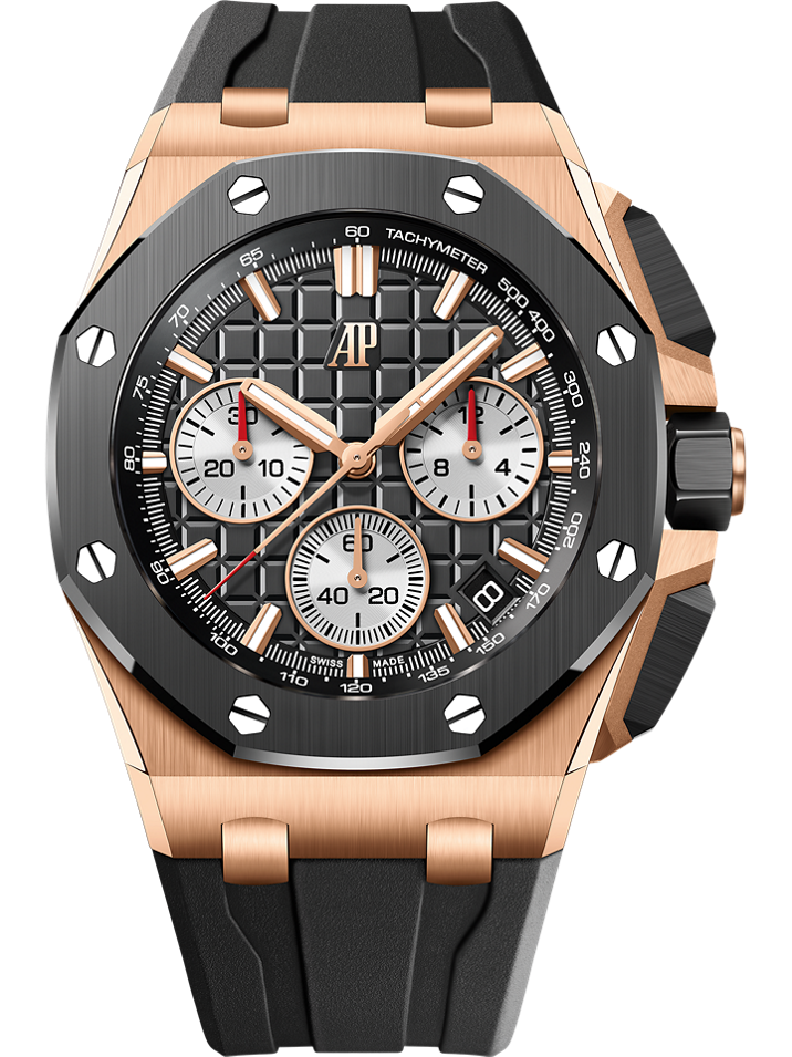 Audemars Piguet Royal Oak Offshore Selfwinding Chronograph 43 mm Black Dial 18-Carat Pink Gold Rubber Strap 26420RO.OO.A002CA.01