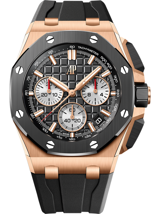 Audemars Piguet Royal Oak Offshore Selfwinding Chronograph 43 mm Black Dial 18-Carat Pink Gold Rubber Strap 26420RO.OO.A002CA.01