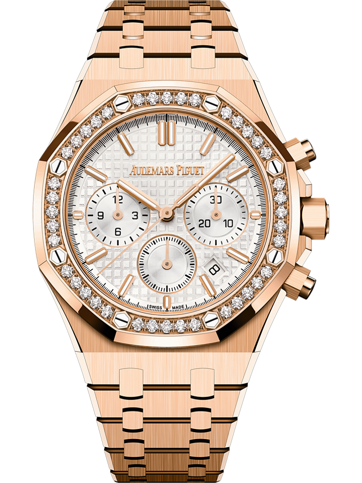 Audemars Piguet Royal Oak Selfwinding Chronograph 38 mm Silver Dial with Diamonds 18-Carat Pink Gold Bracelet 26715OR.ZZ.1356OR.01