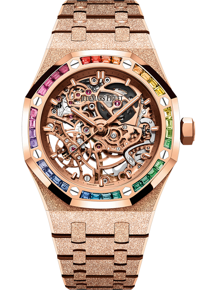 Audemars Piguet Royal Oak Frosted Gold Double Balance Wheel Openworked 37 mm Transparent Dial with Diamonds 18-Carat Pink Gold Bracelet 15468OR.YG.1259OR.01-B