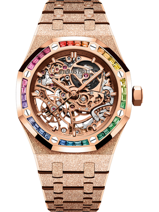 Audemars Piguet Royal Oak Frosted Gold Double Balance Wheel Openworked 37 mm Transparent Dial with Diamonds 18-Carat Pink Gold Bracelet 15468OR.YG.1259OR.01-B