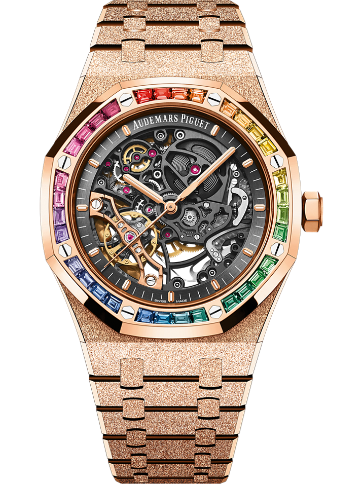 Audemars Piguet Royal Oak Frosted Gold Double Balance Wheel Openworked 41 mm Slate Grey Dial with Diamonds 18-Carat Pink Gold Bracelet 15412OR.YG.1224OR.01-B