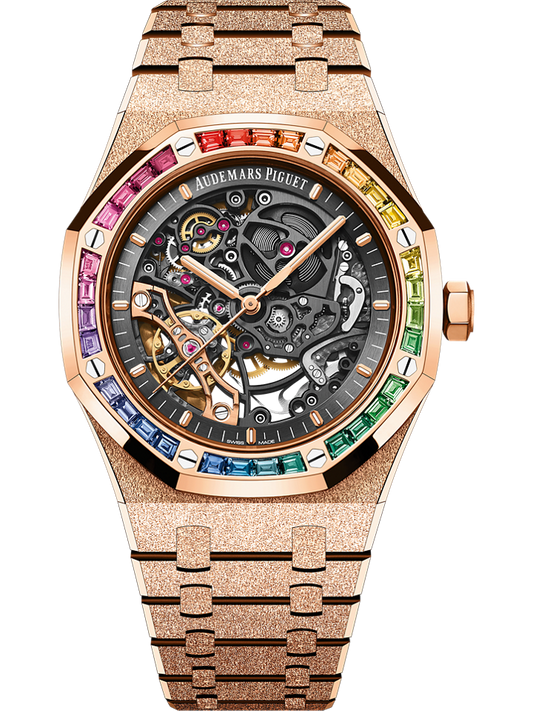 Audemars Piguet Royal Oak Frosted Gold Double Balance Wheel Openworked 41 mm Slate Grey Dial with Diamonds 18-Carat Pink Gold Bracelet 15412OR.YG.1224OR.01-B