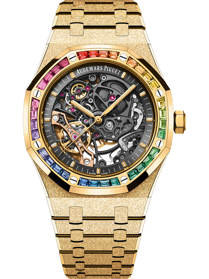 Audemars Piguet Royal Oak Frosted Gold Double Balance Wheel Openworked 41 mm Slate Grey Dial with Diamonds 18-Carat Yellow Gold Bracelet 15412BA.YG.1224BA.01-B