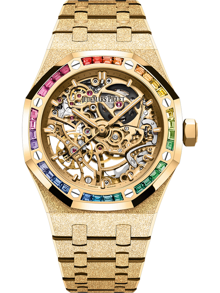 Audemars Piguet Royal Oak Frosted Gold Double Balance Wheel Openworked 37 mm Yellow Dial with Diamonds 18-Carat Yellow Gold Bracelet 15468BA.YG.1259BA.01-B