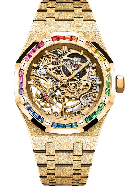 Audemars Piguet Royal Oak Frosted Gold Double Balance Wheel Openworked 37 mm Yellow Dial with Diamonds 18-Carat Yellow Gold Bracelet 15468BA.YG.1259BA.01-B