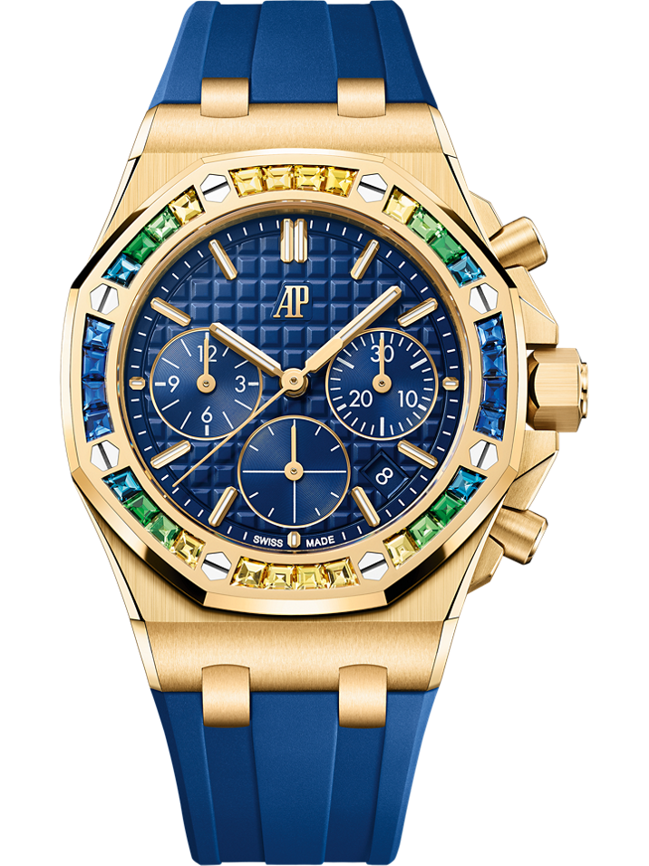 Audemars Piguet Royal Oak Offshore Selfwinding Chronograph 37 mm Blue Dial with Diamonds 18-Carat Yellow Gold Rubber Strap 26236BA.YY.D346CA.01