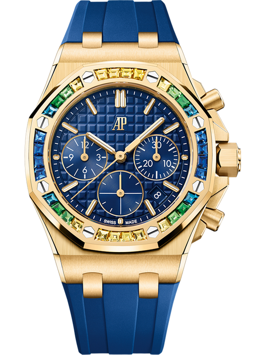 Audemars Piguet Royal Oak Offshore Selfwinding Chronograph 37 mm Blue Dial with Diamonds 18-Carat Yellow Gold Rubber Strap 26236BA.YY.D346CA.01