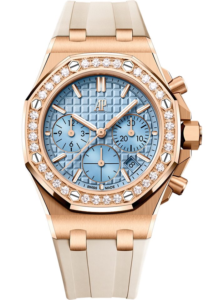 Audemars Piguet Royal Oak Offshore Selfwinding Chronograph 37 mm Light Blue Dial with Diamonds 18-Carat Pink Gold Rubber Strap 26231OR.ZZ.A085CA.01