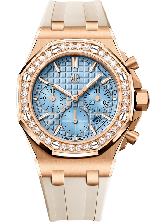 Audemars Piguet Royal Oak Offshore Selfwinding Chronograph 37 mm Light Blue Dial with Diamonds 18-Carat Pink Gold Rubber Strap 26231OR.ZZ.A085CA.01