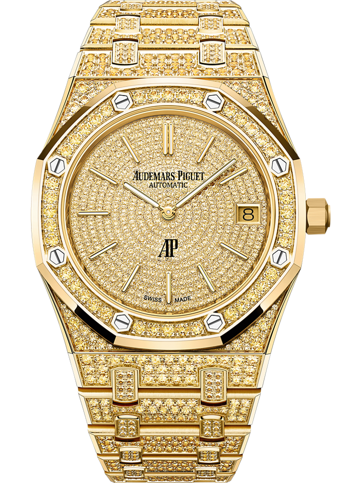 Audemars Piguet Royal Oak “Jumbo” Extra-Thin 39 mm Diamond Paved Dial 18-Carat Yellow Gold Bracelet 16202BA.HH.1241BA.01