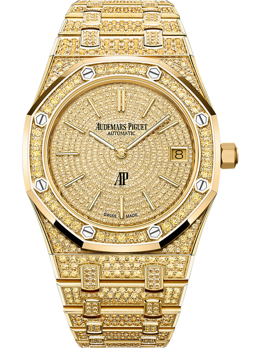 Audemars Piguet Royal Oak “Jumbo” Extra-Thin 39 mm Diamond Paved Dial 18-Carat Yellow Gold Bracelet 16202BA.HH.1241BA.01