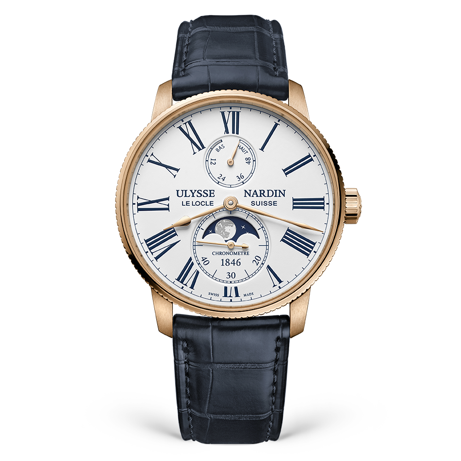 Ulysse Nardin Marine Torpilleur Moonphase 42 mm White Dial 18k Rose Gold Leather Strap 1192-310-0A/1A