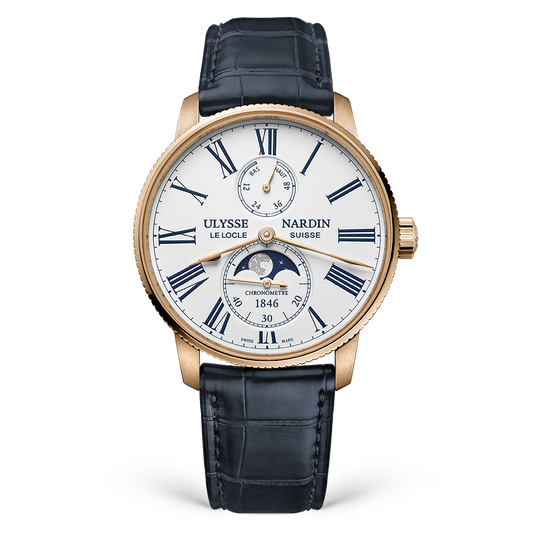 Ulysse Nardin Marine Torpilleur Moonphase 42 mm White Dial 18k Rose Gold Leather Strap 1192-310-0A/1A