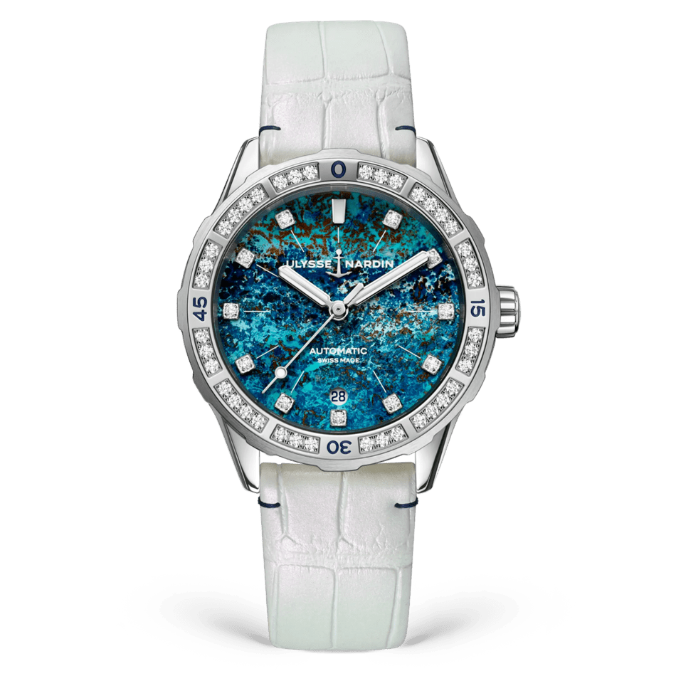 Ulysse Nardin Diver ATOLL 39 mm Blue Dial with Diamonds Stainless Steel Leather Strap 8163-182B1LE-9A-ATOLL/1A