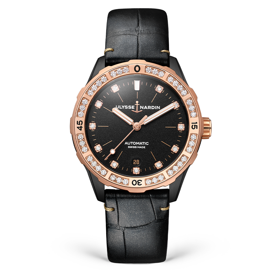 Ulysse Nardin Diver 39 mm Black Dial with Diamonds Steel /18Kt Rose Gold Leather Strap 8165-182B/BLACK