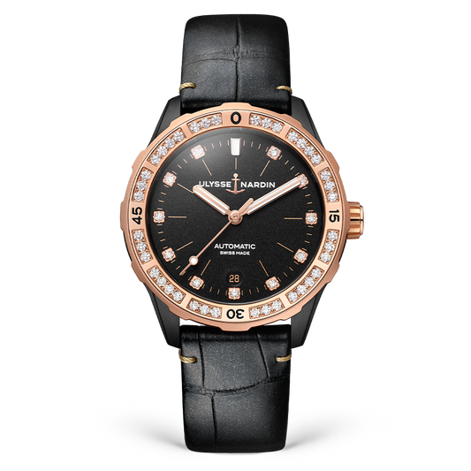 Ulysse Nardin Diver 39 mm Black Dial with Diamonds Steel /18Kt Rose Gold Leather Strap 8165-182B/BLACK