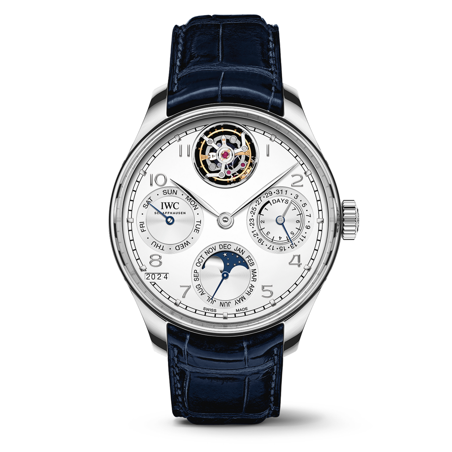 IWC Schaffhausen Portugieser Perpetual Calendar Tourbillon 45 mm Silver Dial Platinum Blue Alligator Leather Strap IW504505