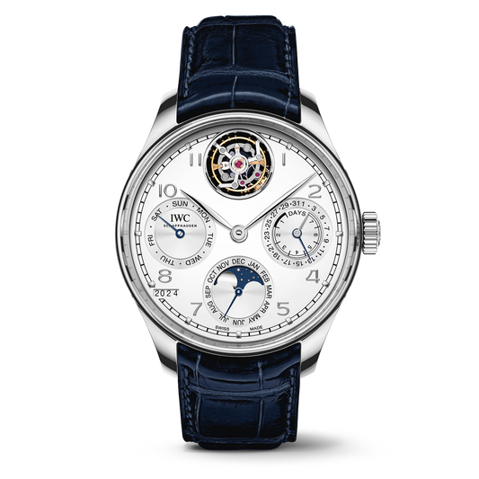 IWC Schaffhausen Portugieser Perpetual Calendar Tourbillon 45 mm Silver Dial Platinum Blue Alligator Leather Strap IW504505