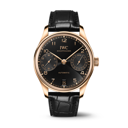 IWC Schaffhausen Portugieser Automatic 42 mm Black Dial 18k 5N Gold Black Alligator Leather Strap IW501707